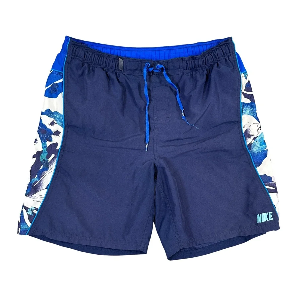 Nike Mens Swim Trunks Navy Blue Royal Graphic Print Mesh Lined Board Shorts L